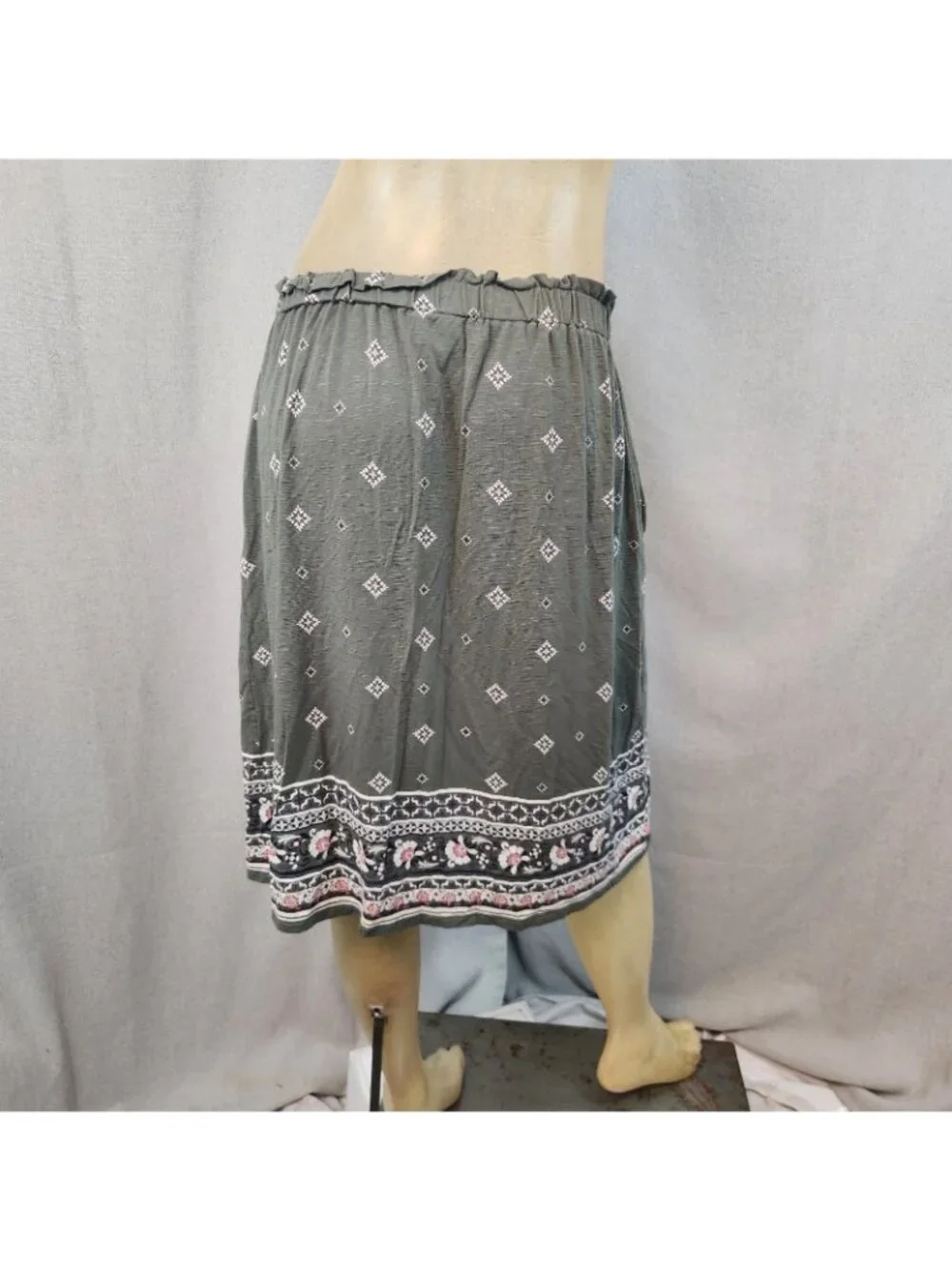 J Jill Olive Green Geometric Print Aline Drawstring Elastic Waist Skirt SMALL